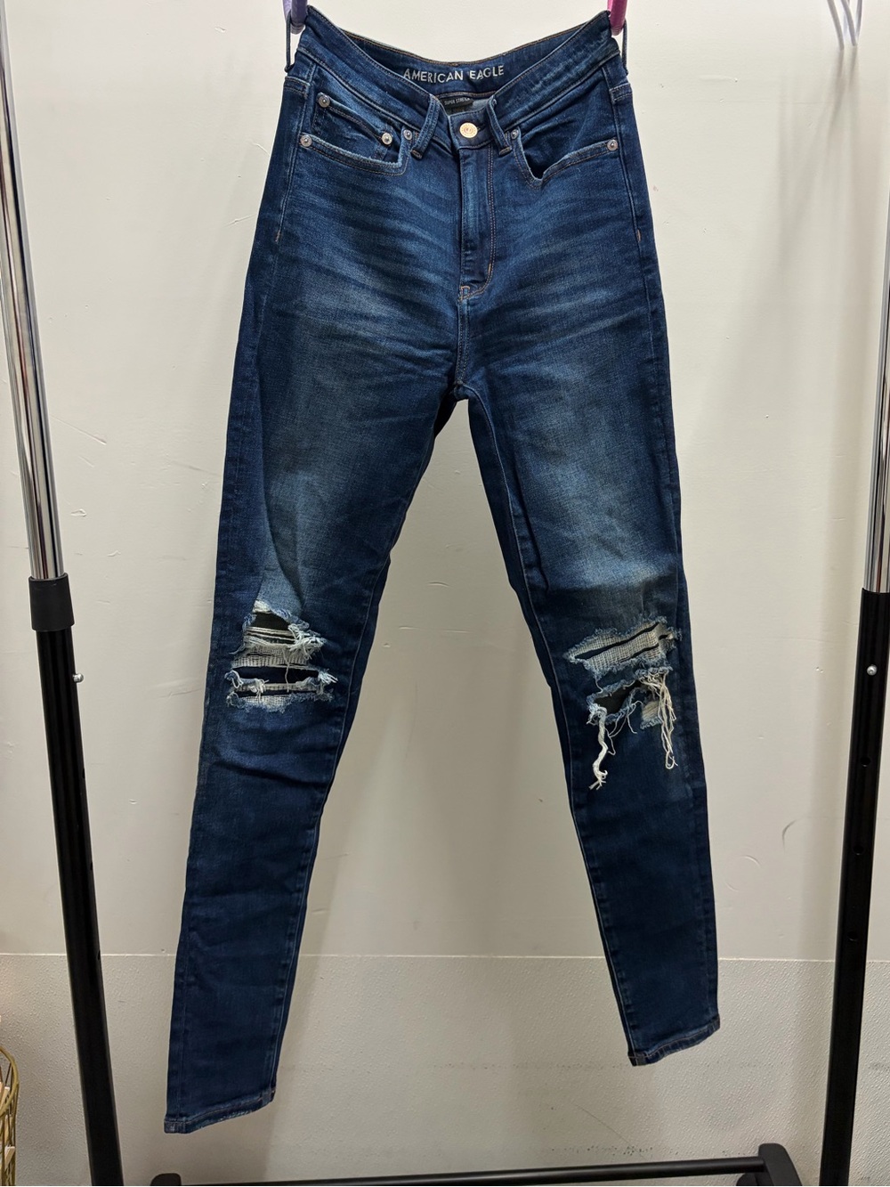 American Eagle Outfitters Dark Blue Distressed High-Rise Skinny Jeans 6 Long
